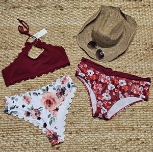 NWT Beachissi 3-Piece White, Maroon & Pink Floral Bikini Bathing Suit - Sz XL
